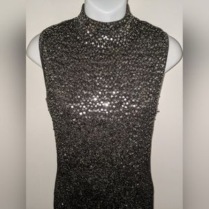 TanJay Mock Neck Sequin Sparkle Grey Sleeveless Rib Knit Vest Top